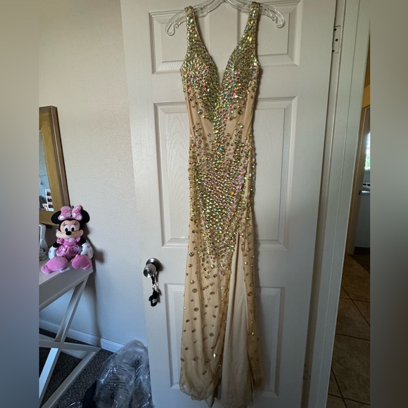 Angela & Alison - 971089 Plunging V-Neck Adorned Trumpet Gown